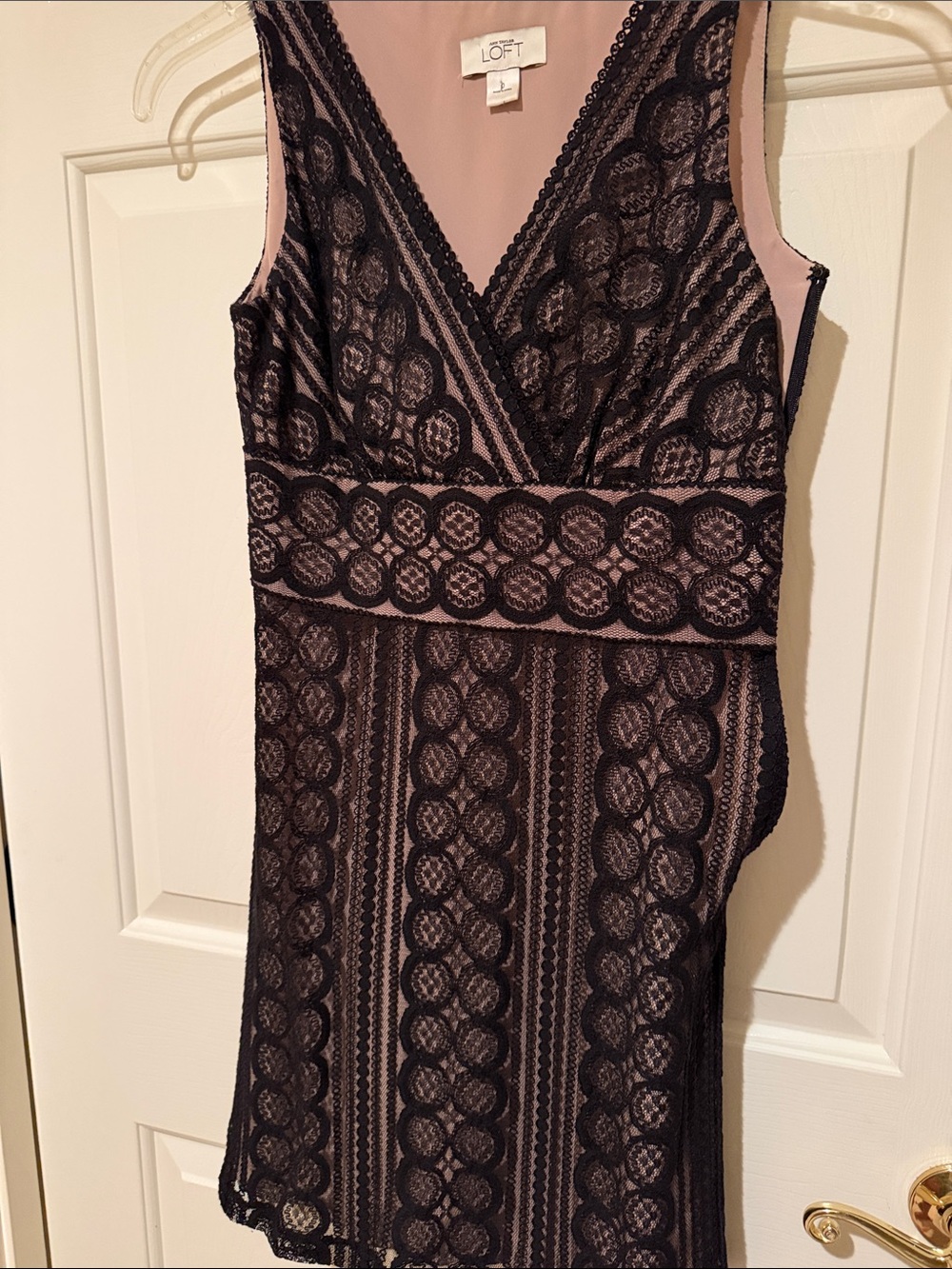 LOFT Black Lace Overlay Blush Sheath Dress with V-Neck
